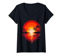 Womens Sunset Nature Moon Graphic Forest Portrait Motif V-Neck T-Shirt