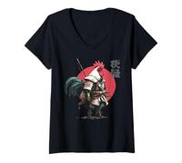 Women's Sunset Samurai Rooster Japanese Warrior Ukiyo-e Style V-Neck T-Shirt