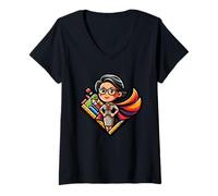 Women's Super Teacher Superhero Cape Chibi Educator Hero V-Neck T-Shirt