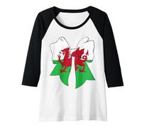 Womens Supercute Welsh Flag Dragon Coquette Maximalist Bow Cymru Raglan Baseball Tee