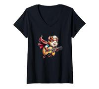 Womens Superhero Guinea Pig Playing Acoustic Guitar Music Hero V-Neck T-Shirt