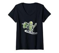 Womens Superhero Pickle On Skis Funny Winter Alpine Run V-Neck T-Shirt