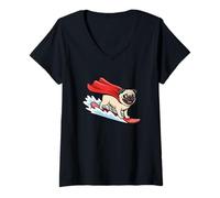Womens Superhero Pug Riding Surfboard On Waves V-Neck T-Shirt