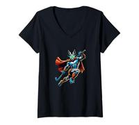 Womens Superhero Rabbit Field Hockey Player with Cape V-Neck T-Shirt