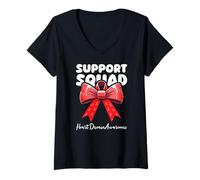 Womens Support Squad Heart Disease Awareness Ribbon Bow V-Neck T-Shirt