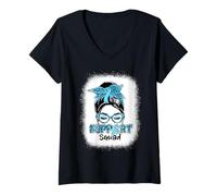 Womens Support Squad Messy Bun Blue Ribbon Prostate Cancer V-Neck T-Shirt
