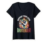 Women's Support Your Local Bartender Colorful Cocktail Drinks V-Neck T-Shirt