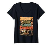 Women's Support Your Local Cemetery | 70s Style Groovy Y2K Halloween V-Neck T-Shirt