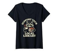 Women's Support Your Local Library Raccoon Reading Coffee Librarian V-Neck T-Shirt