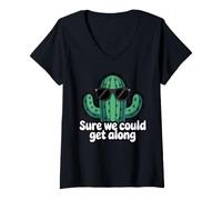 Women's Sure We Could Get Along Funny Cactus Sunglasses V-Neck T-Shirt