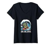 Womens Surf Chill Repeat Turtle Sunset Sea V-Neck T-Shirt