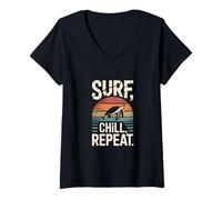 Womens Surf Chill Repeat Turtle Sunset Sea V-Neck T-Shirt