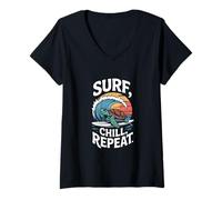 Womens Surf Chill Repeat Turtle Sunset Sea V-Neck T-Shirt