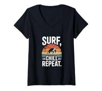 Womens Surf Chill Repeat Turtle Sunset Sea V-Neck T-Shirt