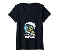 Womens Surf Chill Repeat Turtle Sunset Sea V-Neck T-Shirt