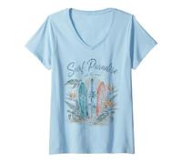 Women's Surf Paradise Ride The Wave Three Surfboards Sea Turtle V-Neck T-Shirt
