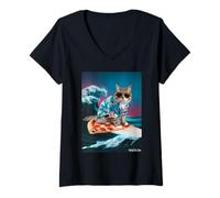 Women's Surfer Cat Pizza Wave Tropical Fun Cool Art V-Neck T-Shirt