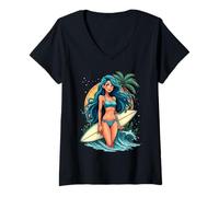 Womens Surfer Girl with Blue Hair Beach Vibes Summer Fun V-Neck T-Shirt