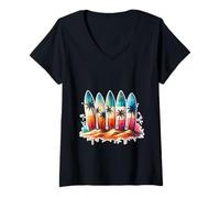 Womens Surfer Surfboard Beach Summer Retro Hawaiian Ocean Tropics V-Neck T-Shirt