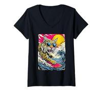 Women's Surfing Bobcat Riding Ocean Wave Surfer Animal Sunset Beach V-Neck T-Shirt