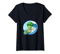 Womens Surfing Broccoli on Asparagus Wave Kawaii Veggie V-Neck T-Shirt