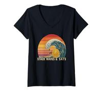 Womens Surfing Crypto Blockchain Wave Finance Digital Money Bitcoin V-Neck T-Shirt