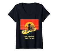 Womens Surfing Crypto Blockchain Wave Finance Digital Money Bitcoin V-Neck T-Shirt