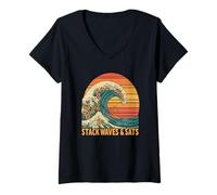 Womens Surfing Crypto Blockchain Wave Finance Digital Money Bitcoin V-Neck T-Shirt