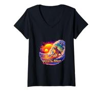 Women's Surfing Dog Sunset Ocean Adventure Art V-Neck T-Shirt