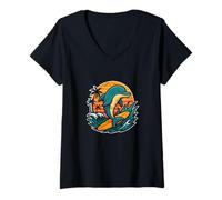 Womens Surfing Dolphin at Sunset V-Neck T-Shirt