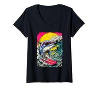 Women's Surfing Dolphin Riding Ocean Wave Surfer Animal Sunset Beach V-Neck T-Shirt
