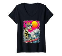 Women's Surfing Giraffe Riding Ocean Wave Surfer Animal Sunset Beach V-Neck T-Shirt