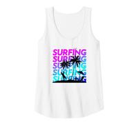 Womens Surfing Gradient Beach Palm Trees Scene - Female Surfer Tank Top