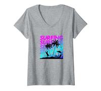 Womens Surfing Gradient Beach Palm Trees Scene - Female Surfer V-Neck T-Shirt