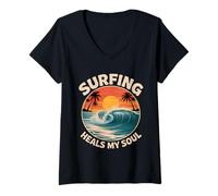 Womens Surfing Heals My Soul Ocean Sea Waves Retro Sunset Design V-Neck T-Shirt