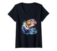 Womens Surfing Lion with Stars and Stripes Power for Surfer V-Neck T-Shirt