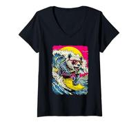 Women's Surfing Panda Riding Ocean Wave Surfer Animal Sunset Beach V-Neck T-Shirt