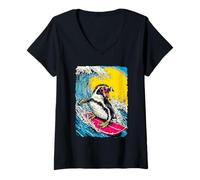 Women's Surfing Penguin Riding Ocean Wave Surfer Animal Sunset Beach V-Neck T-Shirt