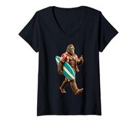 Women's Surfing Sasquatch Funny Beach Surfer Aloha Hawaiian Bigfoot V-Neck T-Shirt