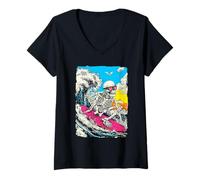 Women's Surfing Skeleton Gothic Surfer Riding Wave Sunset Summerween V-Neck T-Shirt