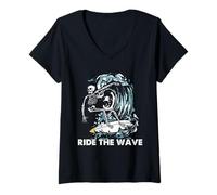 Women's Surfing Skeleton Ride the Wave Gothic Surfer Beach Art V-Neck T-Shirt