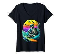 Women's Surfing Skeleton Surfer with Seagulls Sunset Summerween V-Neck T-Shirt