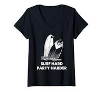 Women's Surfing Surf Hard Party Harder Vintage Beach Humor Art V-Neck T-Shirt