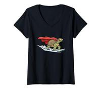 Womens Surfing Turtle with Cape Funny Superhero Ocean V-Neck T-Shirt