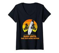 Women's Surfing Until the Sun Goes Down Sunset Surfboard Art V-Neck T-Shirt