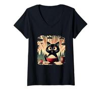 Womens Surprised Black Cat Eating Rice While UFO Invade Retro Japan V-Neck T-Shirt