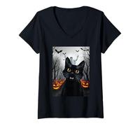 Womens Surprised Black Cat Selfie with Ghost Funny Spooky Halloween V-Neck T-Shirt