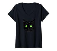 Women's Surprised Black Cat with Green Eyes Black Cat Face V-Neck T-Shirt