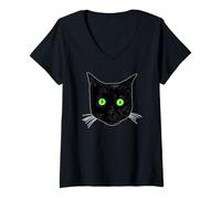 Women's Surprised Black Cat with Green Eyes Black Cat Face V-Neck T-Shirt