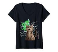Womens Surprised Scared Cat Selfie Funny Cat Selfie Cat Cucumber V-Neck T-Shirt
